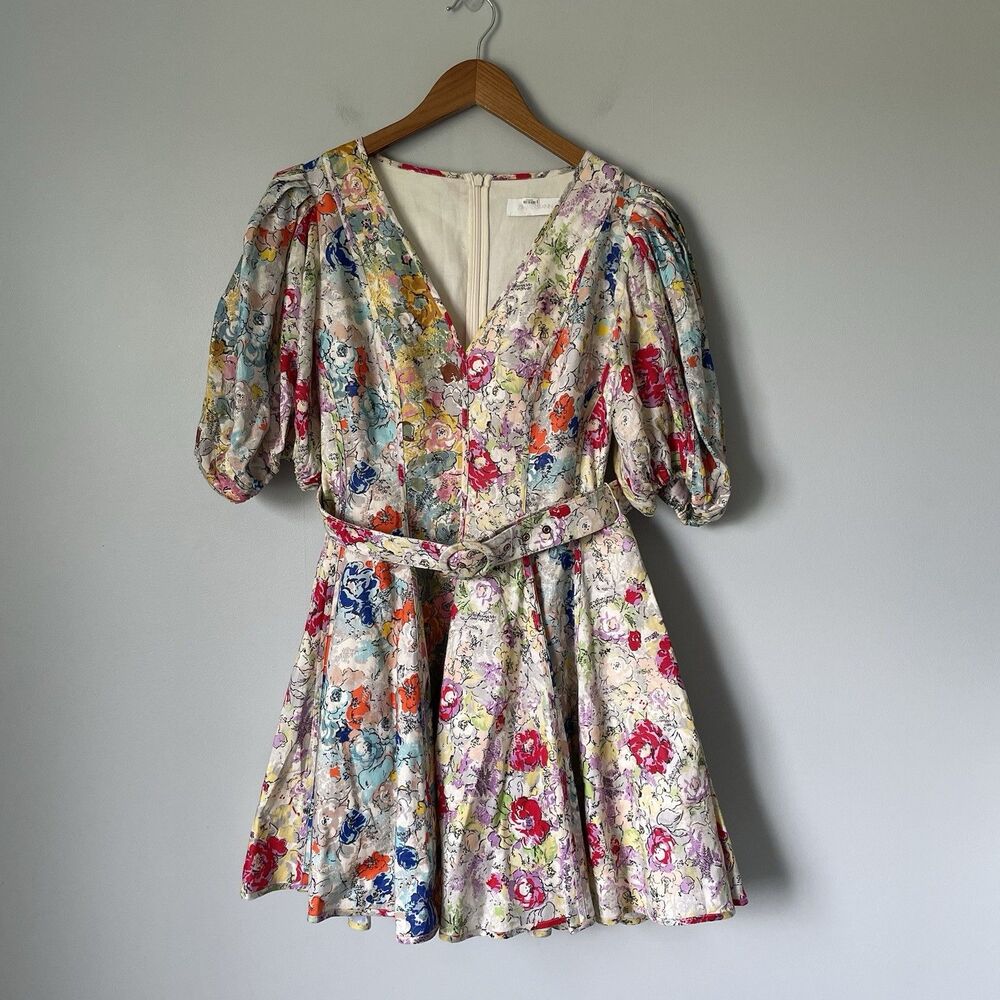 ZIMMERMANN Clover Paneled Mini Dress 100% Linen Spliced Multi Floral Size 2
